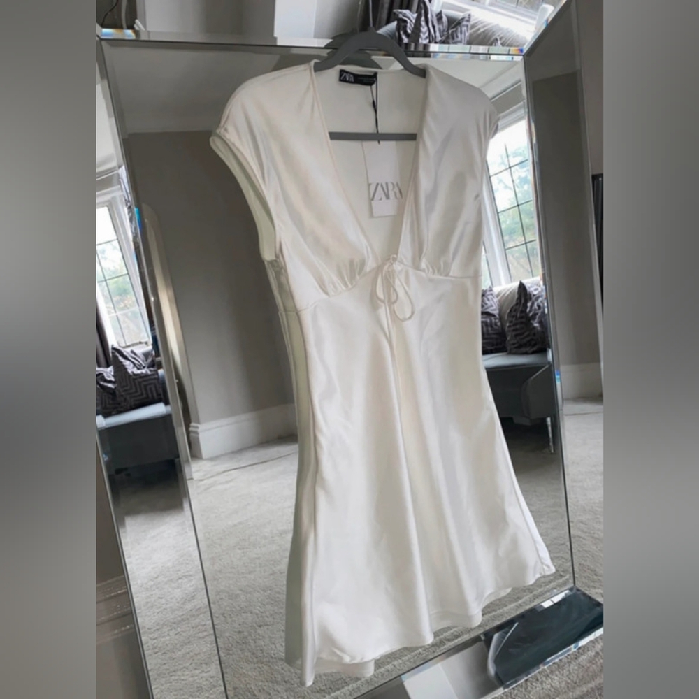 Zara mini dress slip satin plunge white cream